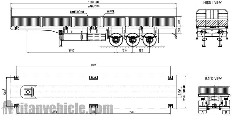 Drawing of 3 axle 60Ton Side wall Trailer