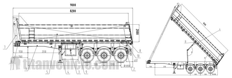 Drawing of 3 Axle U Type Dump Trailer